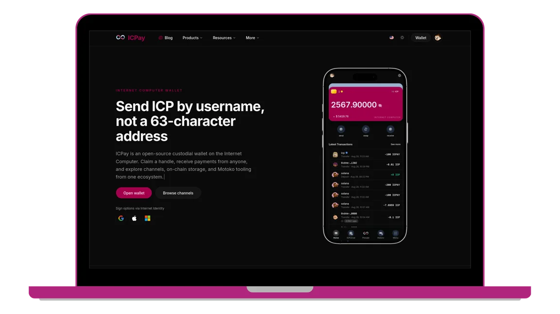 ICPay desktop wallet on laptop